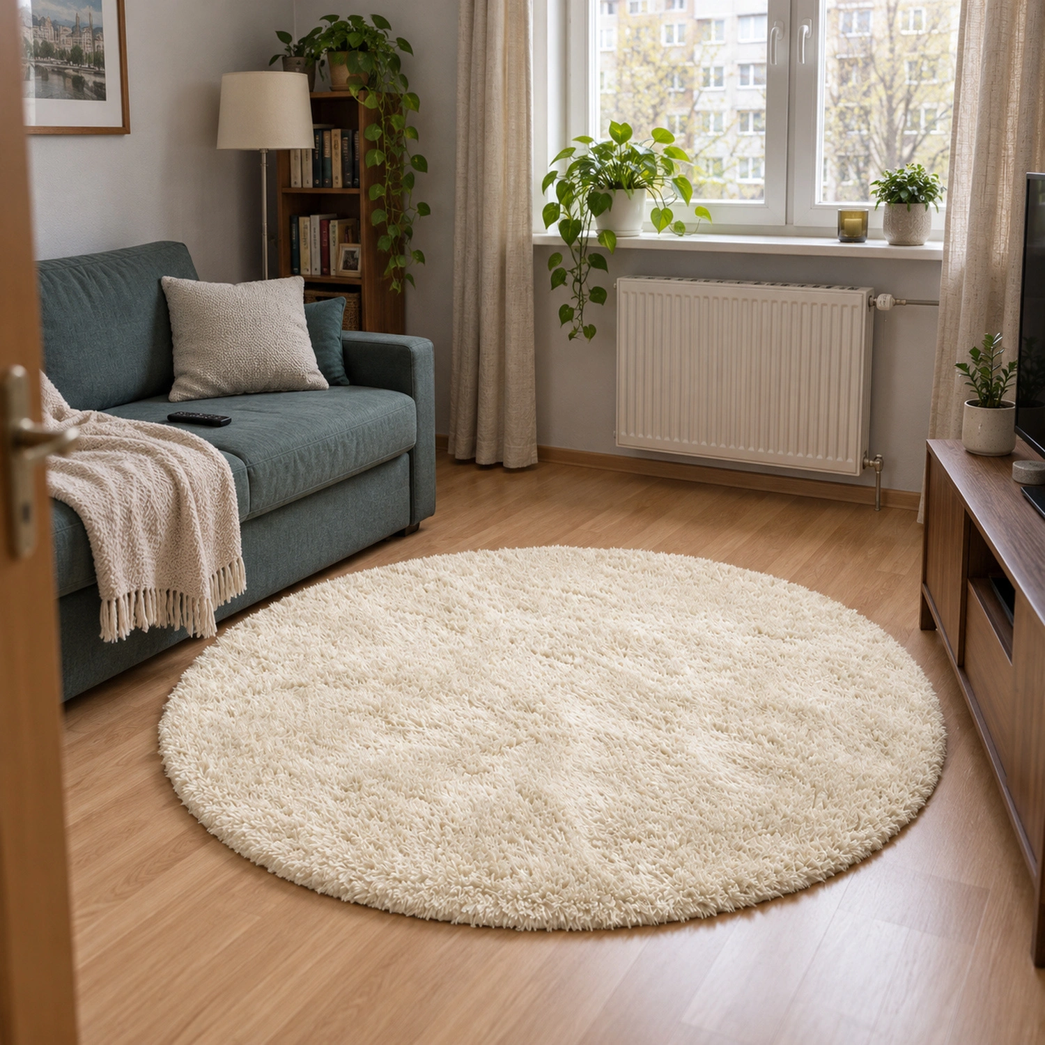 Dywan okrągły Shaggy CreamBeige 150 cm — aranżacja salonu