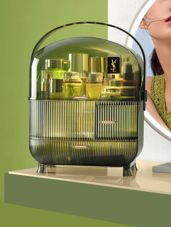 Wielopoziomowa zielona szkatułka organizer Strado na kosmetyki i biżuterię pojemny zamykany kuferek akrylowy