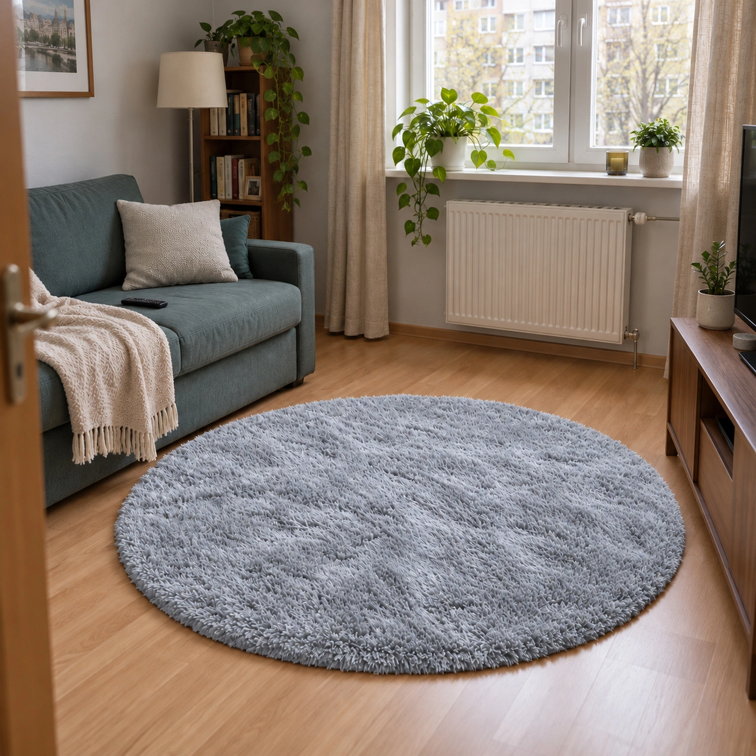 Dywan okrągły Shaggy SilverFur 150 cm — aranżacja salonu