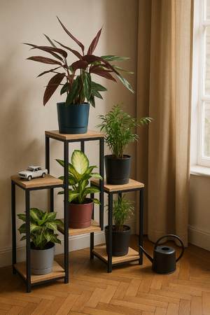 Kwietnik stojący metalowy PANORAMA na kwiaty i rośliny na 6 donic JASNY DĄB