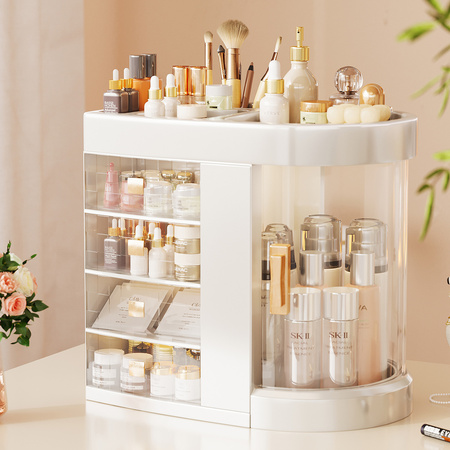 Organizer Maya clear szkatułka na kosmetyki i biżuterię 4 szufladki obrotowa pokrywa elegancki design