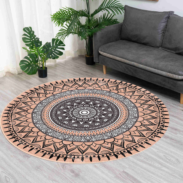Dywan okrągły Novo 200x200 cm, beżowy Aztecki - pluszowy do salonu