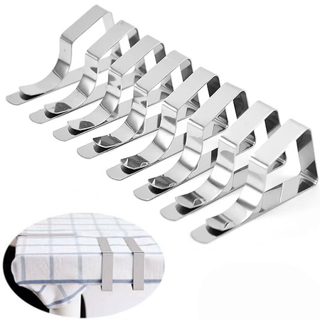 8x Klipsy STALOWE metalowe uchwyt klamra do obrusu stołu blatu, srebrne
