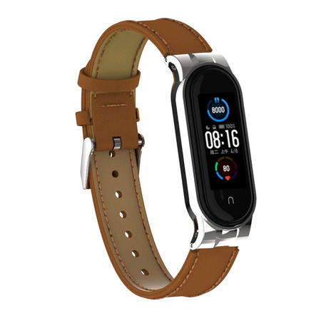 Pasek skórzany do Xiaomi Mi Band 7 - Brown-Silver